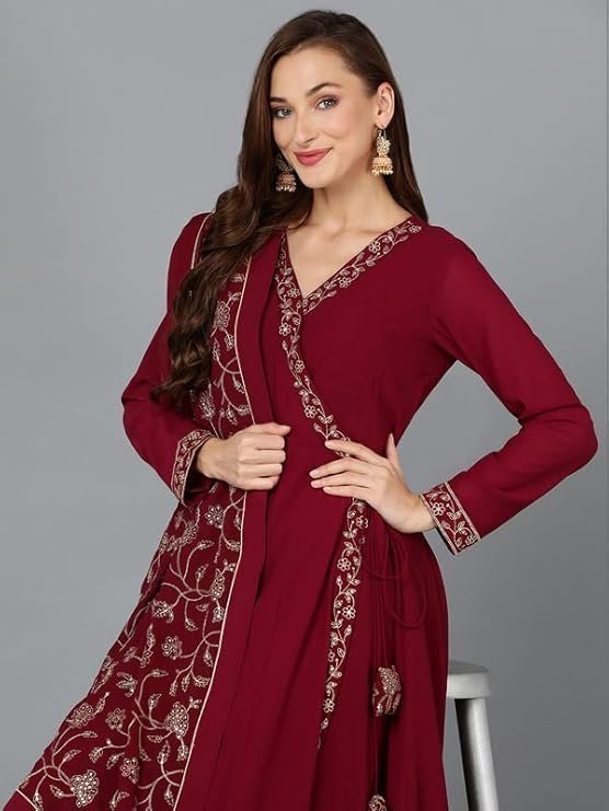 Vaamsi Women's Georgette Embroidered Flared Angrakha Pant With Dupatta With Inner - Image 5