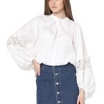 VERO MODA Tie-Up Neck Puff Sleeves Gathered Lace Detail Top