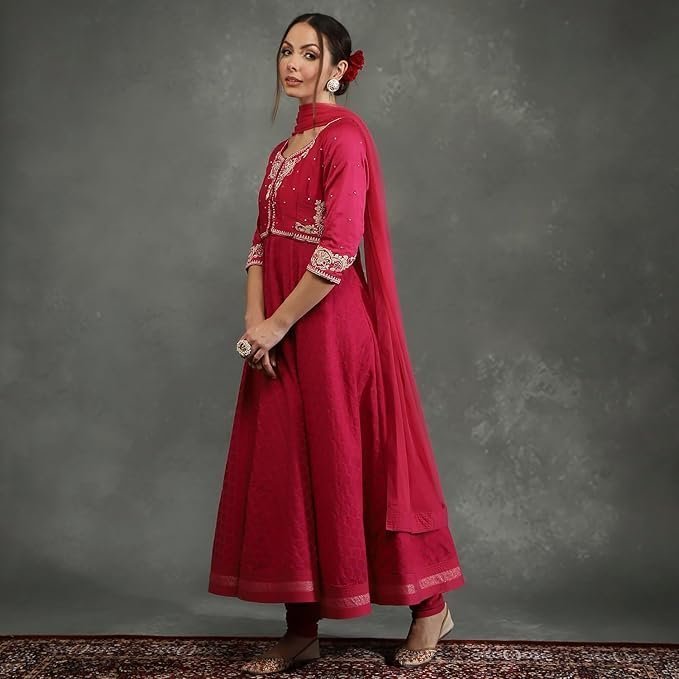 BIBA Women Bal Silk Chanderi Floral Anarkali Suit Set - Image 4