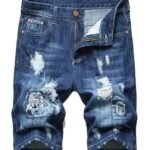 Men's Moto Biker Jeans Shorts Ripped Distressed Denim Shorts with Broken Hole