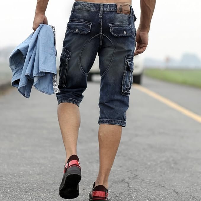 Men`s Cargo Denim Biker Jeans Shorts With Zippers - Image 3