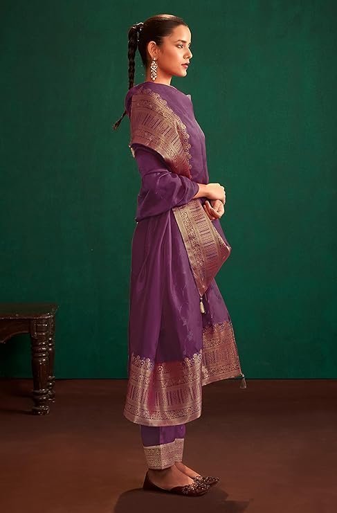 Janasya Women's Organza Jacquard Straight Kurta Set - Image 3