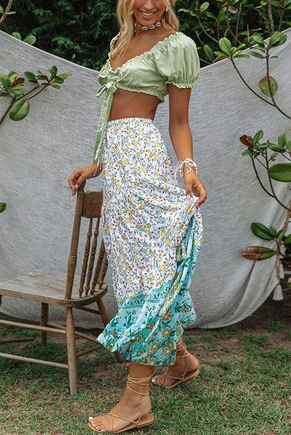 Women's 2023 Bohemian Floral Printed Elastic Waist A Line Maxi Skirt with Pockets, Lake Blue, Small - Image 2