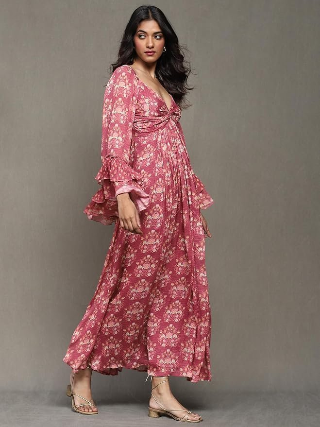 Ritu Kumar Pink Block Print Long Dress - Image 4