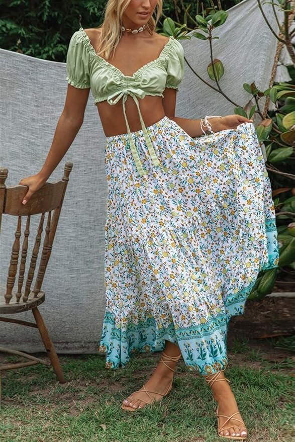 Women's 2023 Bohemian Floral Printed Elastic Waist A Line Maxi Skirt with Pockets, Lake Blue, Small - Image 3