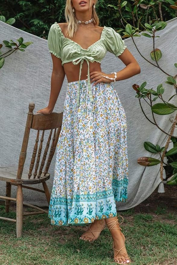 Women's 2023 Bohemian Floral Printed Elastic Waist A Line Maxi Skirt with Pockets, Lake Blue, Small - Image 6