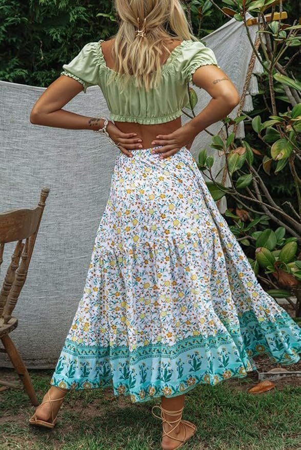 Women's 2023 Bohemian Floral Printed Elastic Waist A Line Maxi Skirt with Pockets, Lake Blue, Small - Image 5