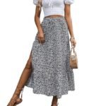 Rocks Women's Casual High Waist Floral Print Skirt Split Thigh A Line Maxi Skirts