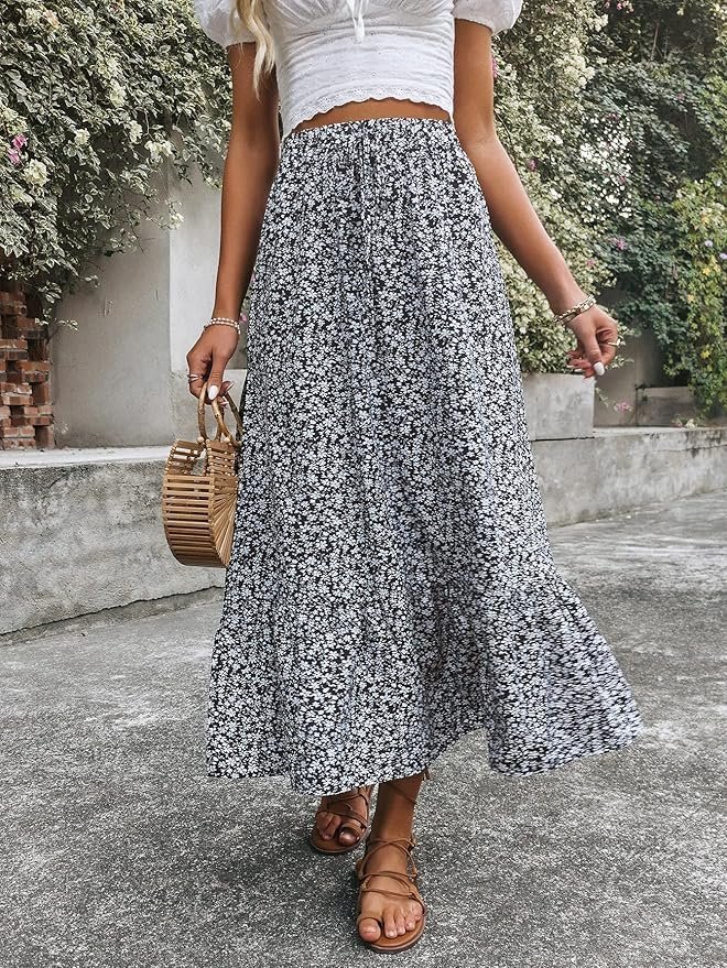 Rocks Women's Casual High Waist Floral Print Skirt Split Thigh A Line Maxi Skirts - Image 3